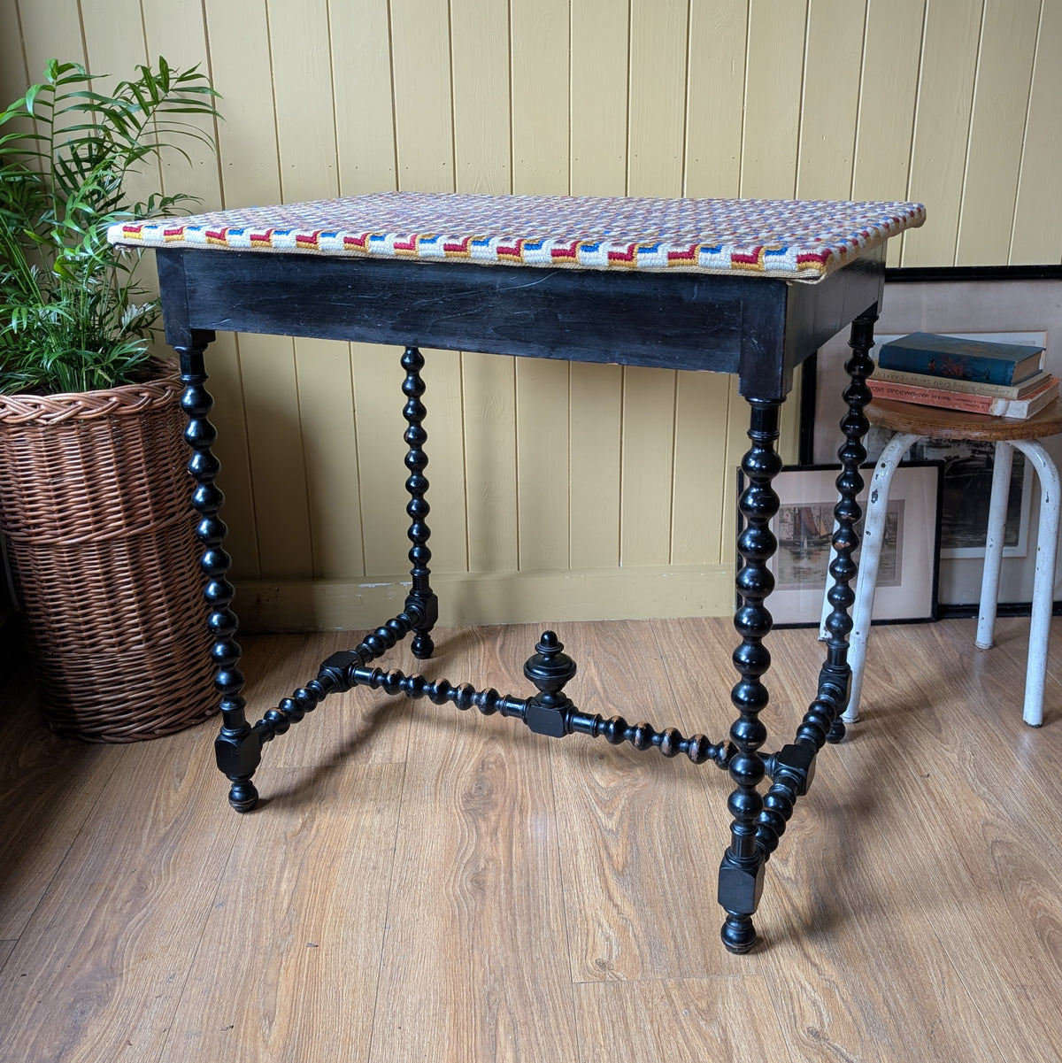 Antique Ebonized Bobbin Leg Table with Tapestry Top