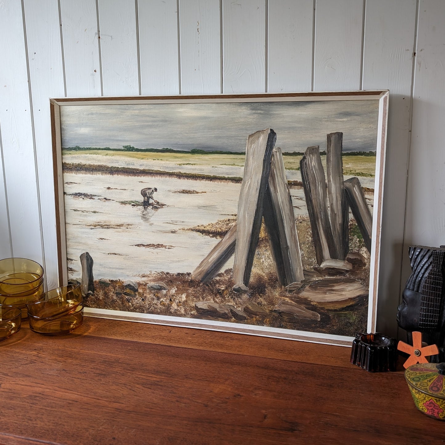 Mid Century Oil on Board "The Bait Digger"