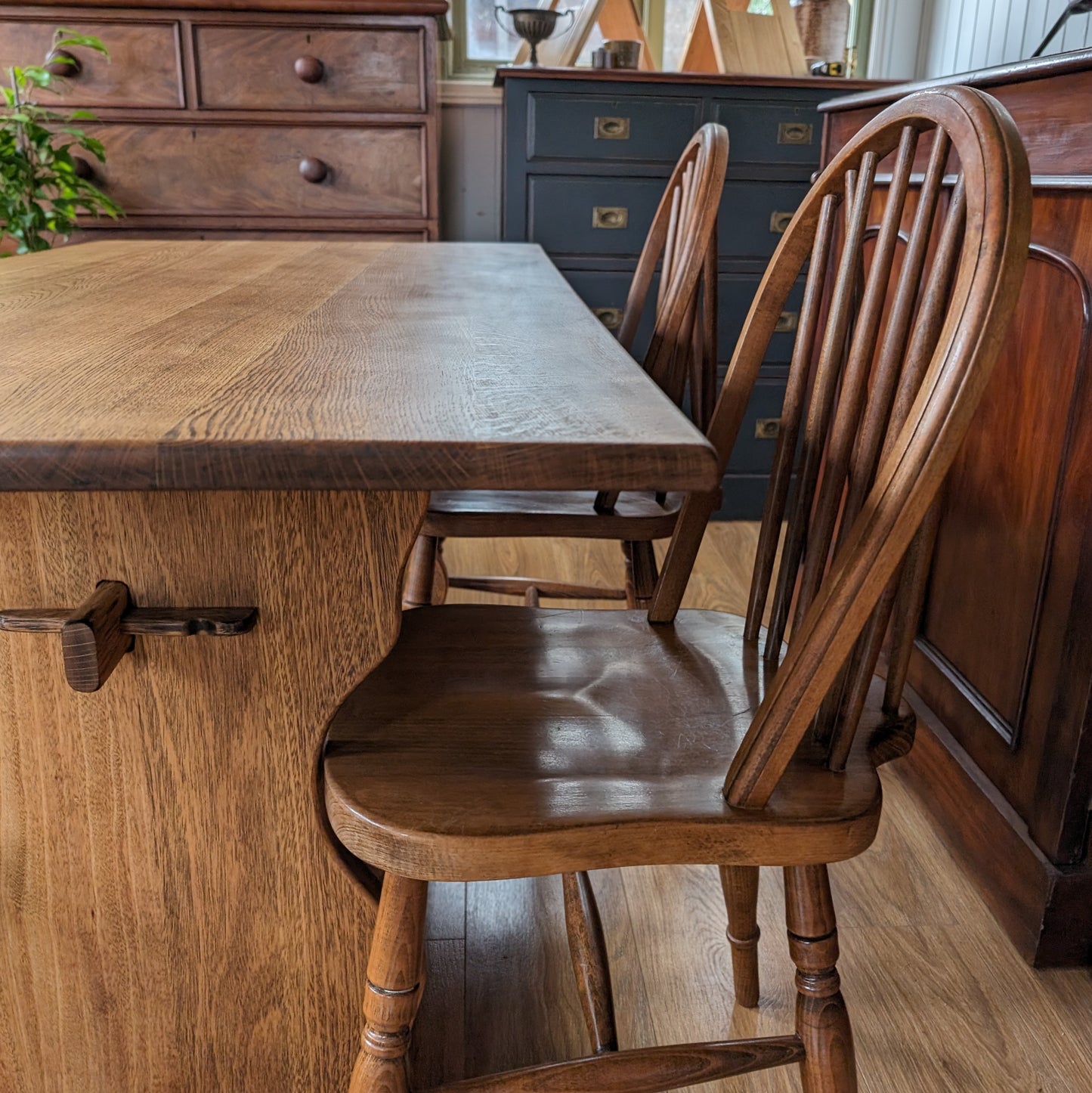 Oak Farmhouse Table, Bench and Two Chairs