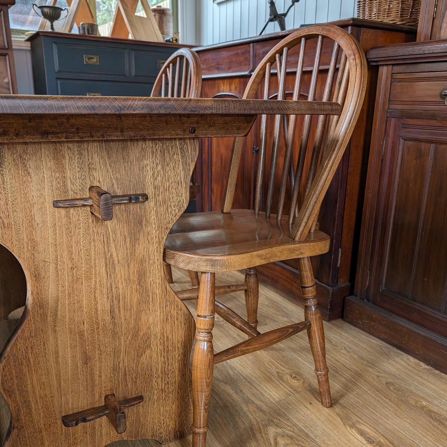 Oak Farmhouse Table, Bench and Two Chairs