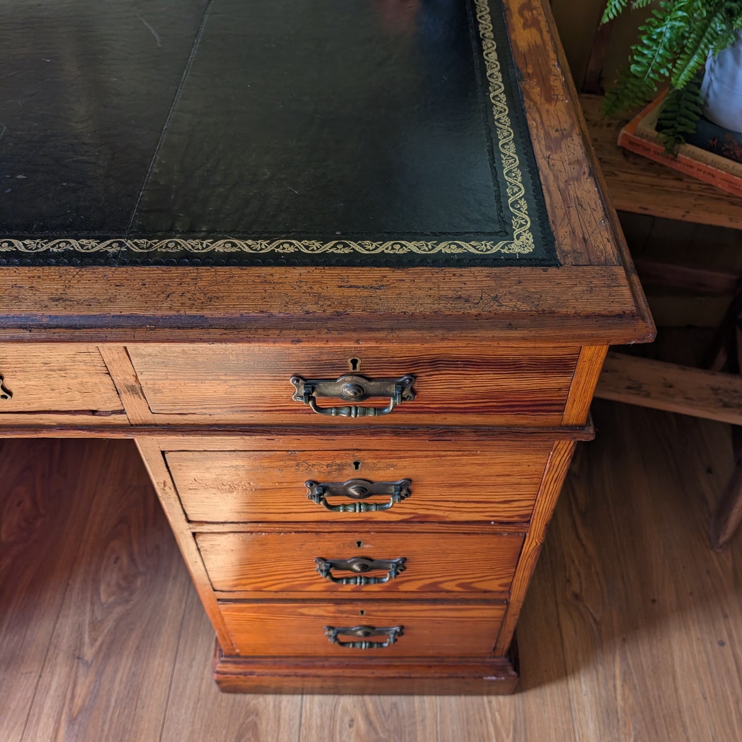 Antique Victorian Pitch Pine Twin Pedestal Desk with Leather Top