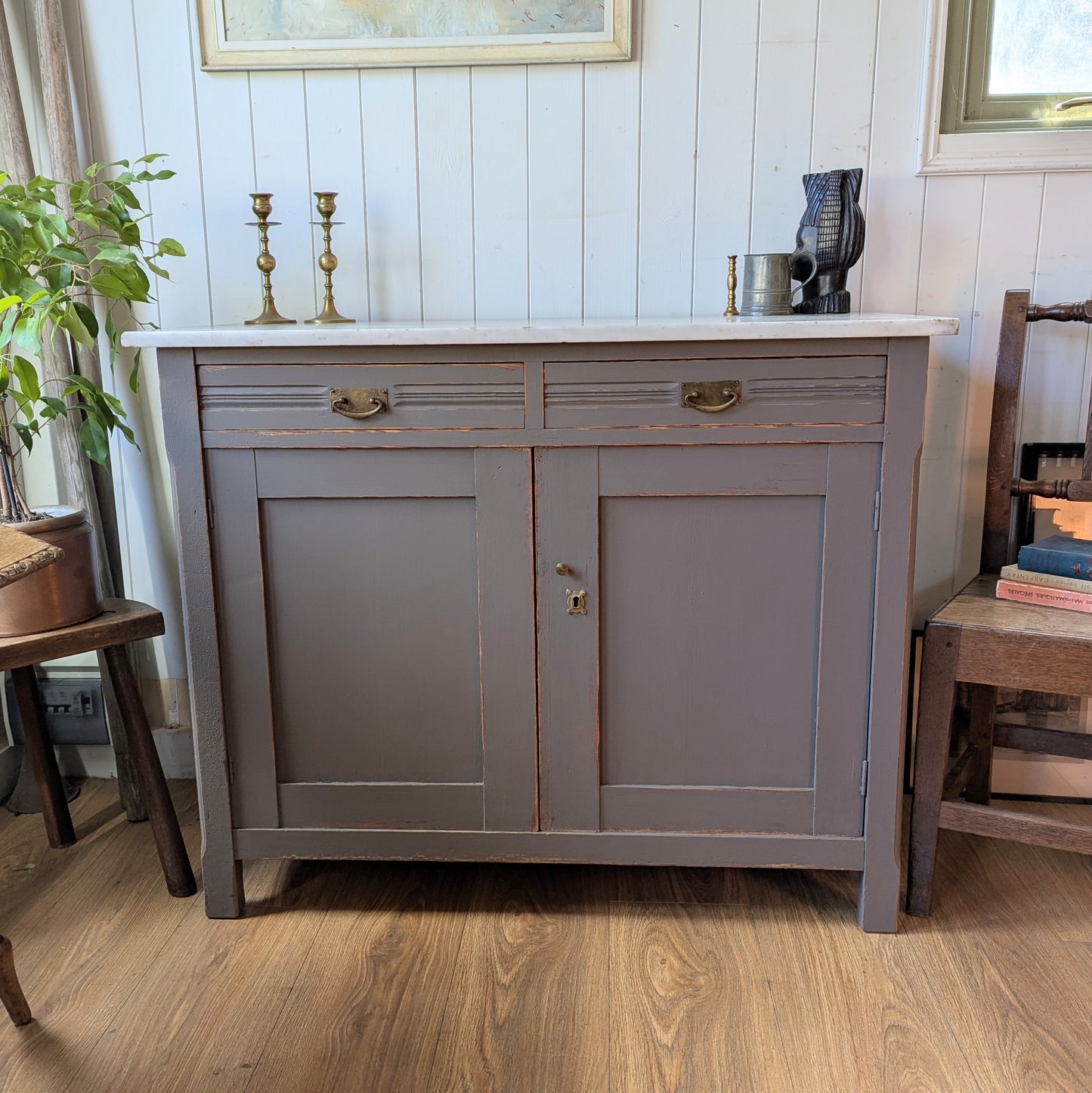 Painted Antique Cupboard with Marble Top
