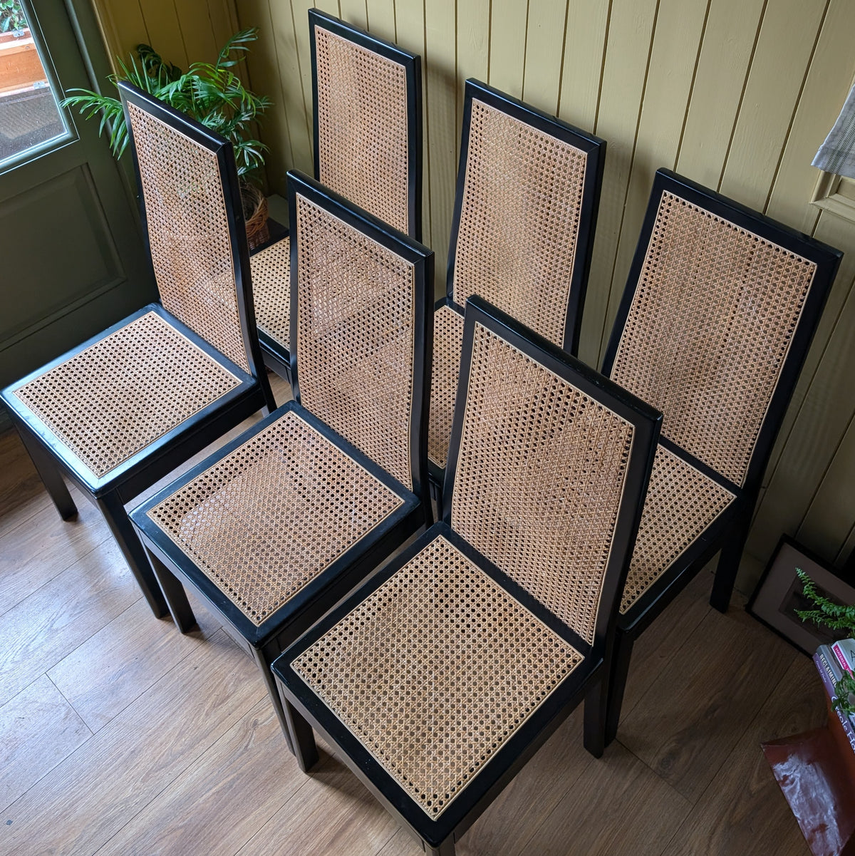 Tito Agnoli Style Vintage Black & Cane Dining Chairs - Set of 6