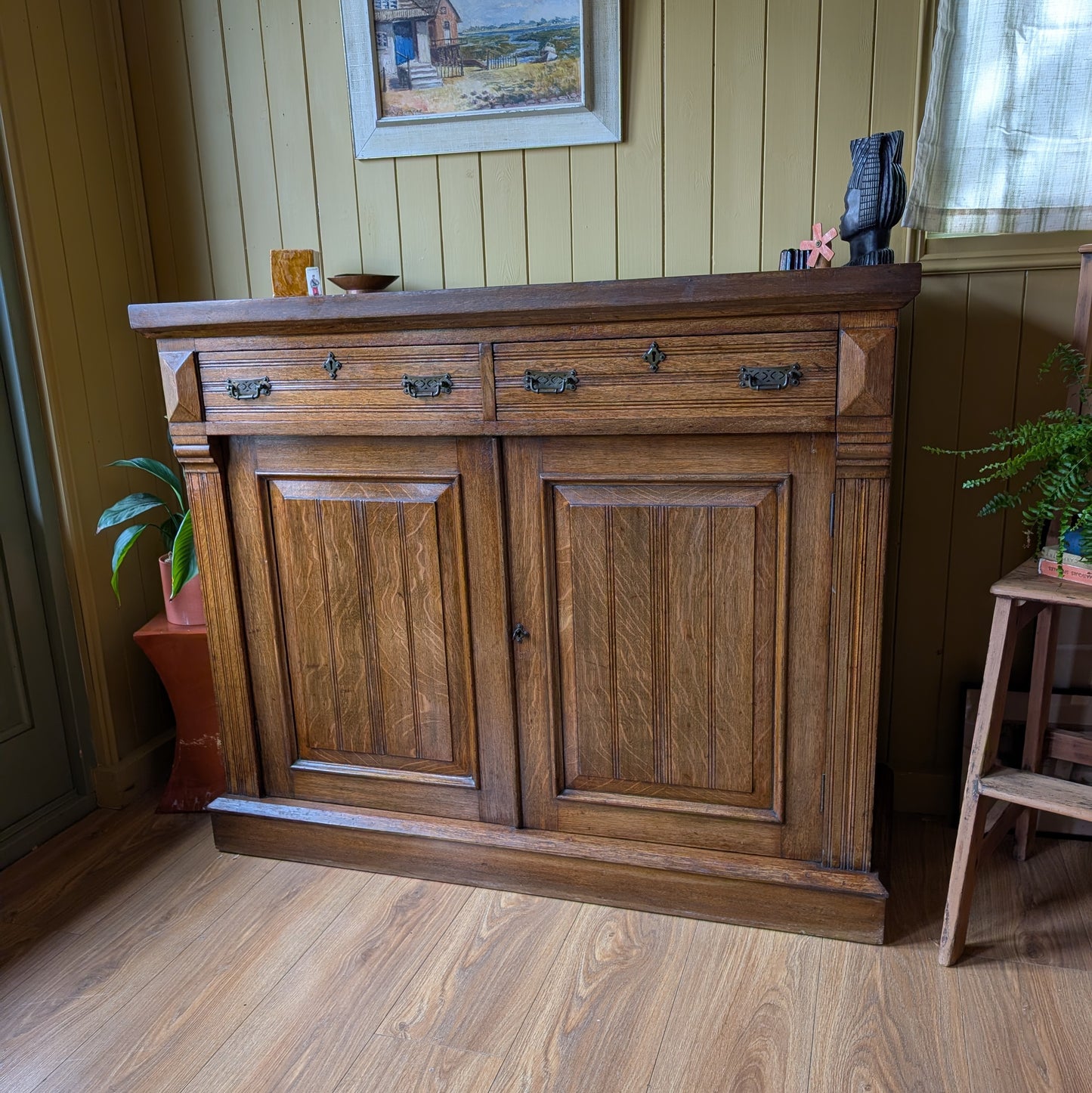 Large Antique Oak Cupboard with Two Drawers.