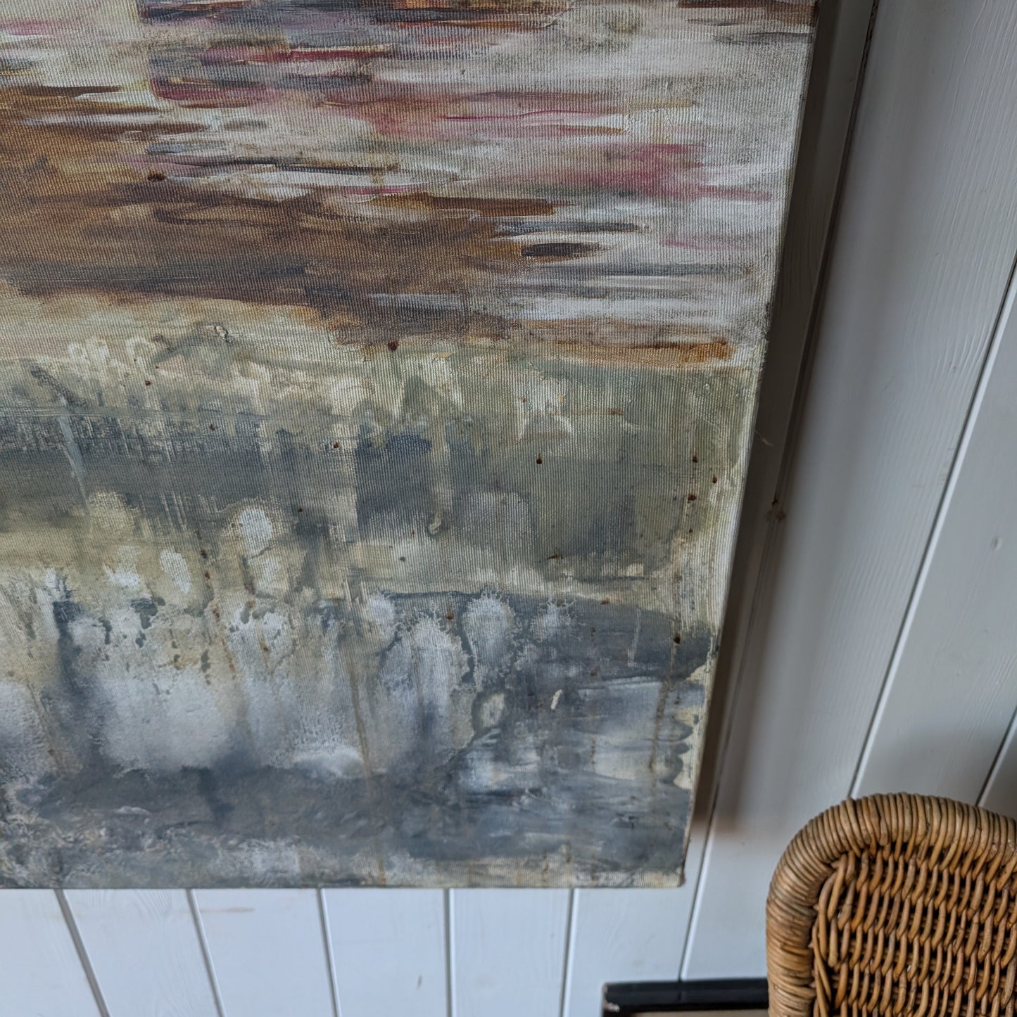 Large Vintage Oil Painting "River Barn"
