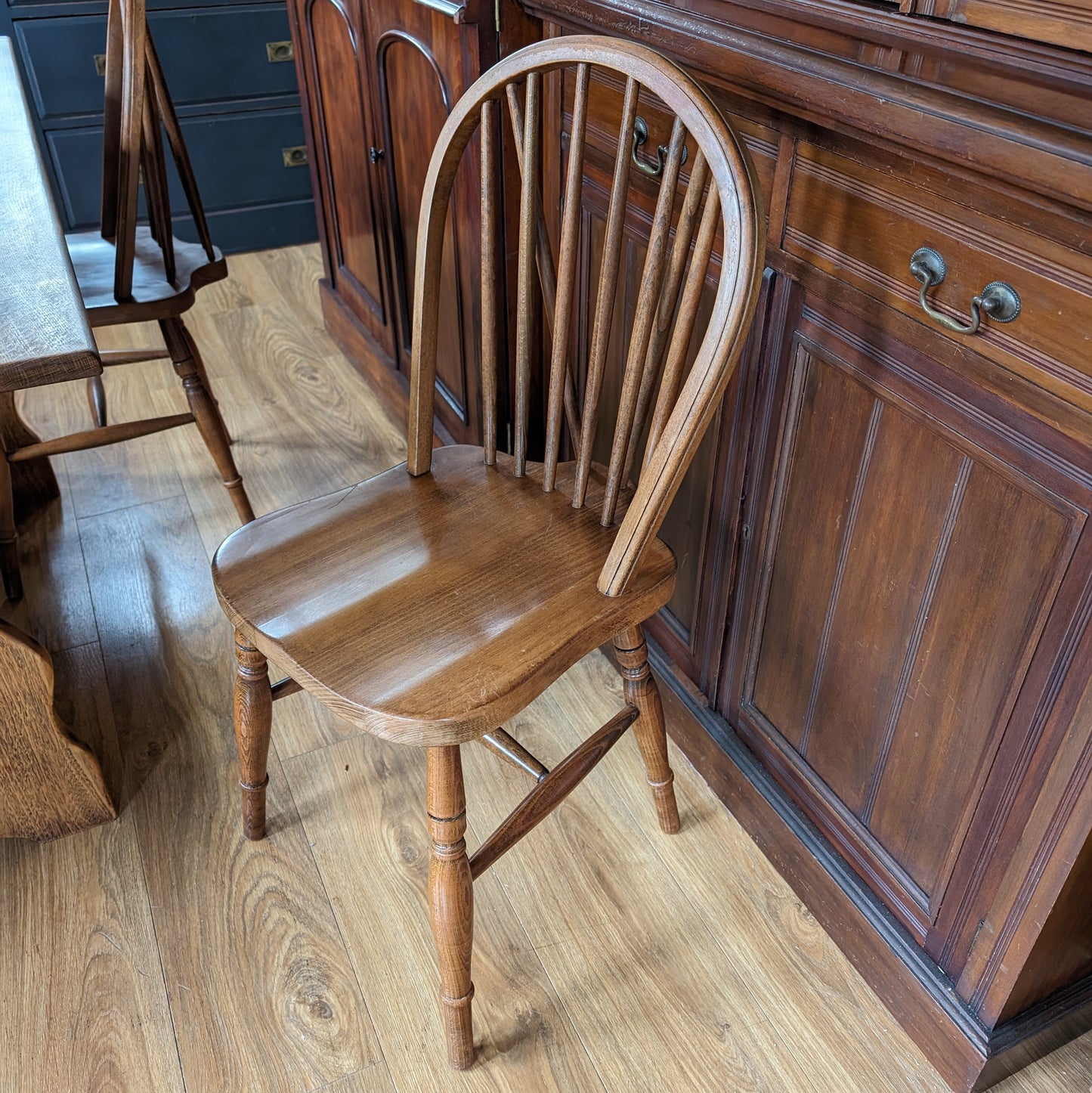 Oak Farmhouse Table, Bench and Two Chairs