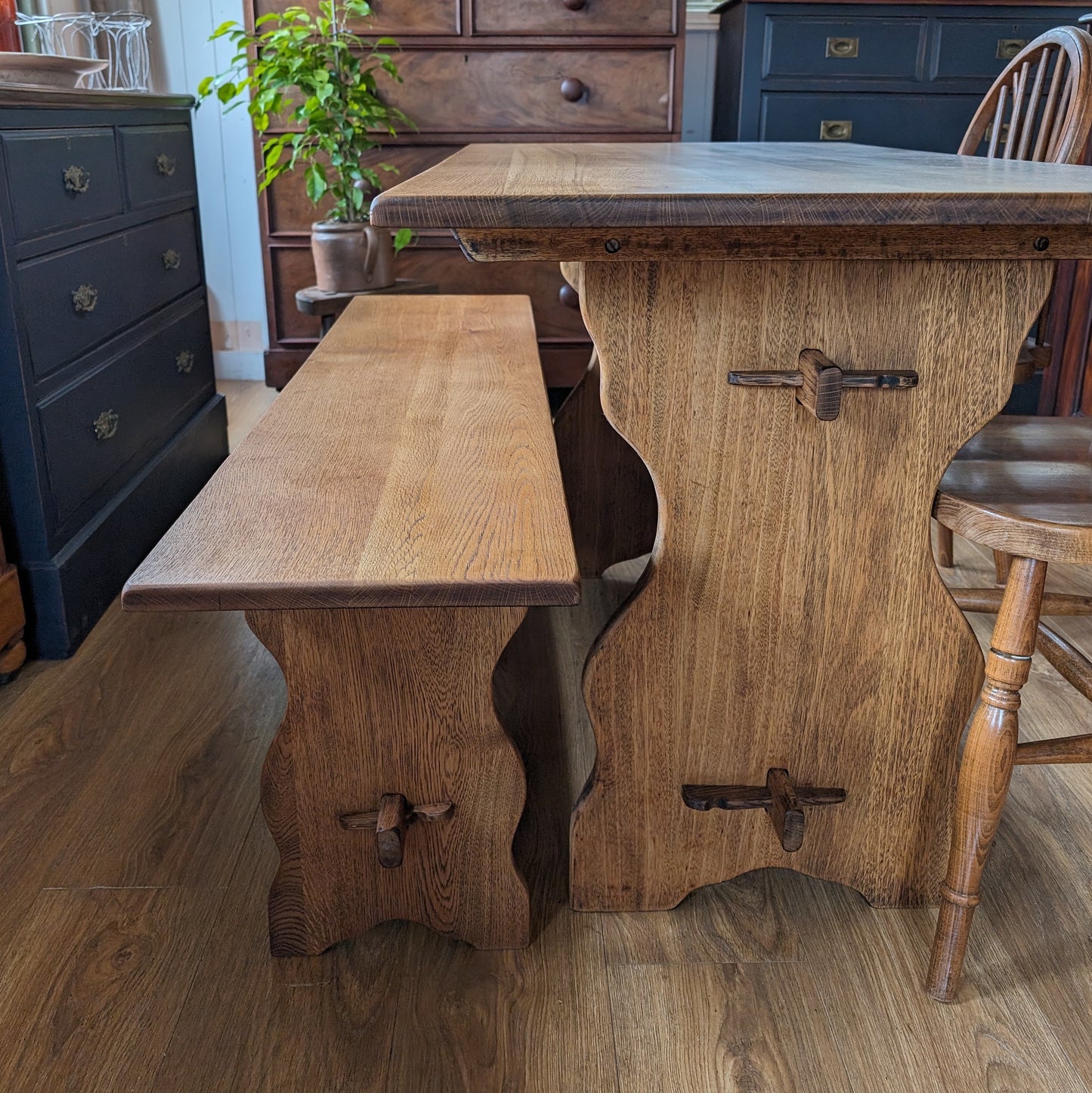 Oak Farmhouse Table, Bench and Two Chairs