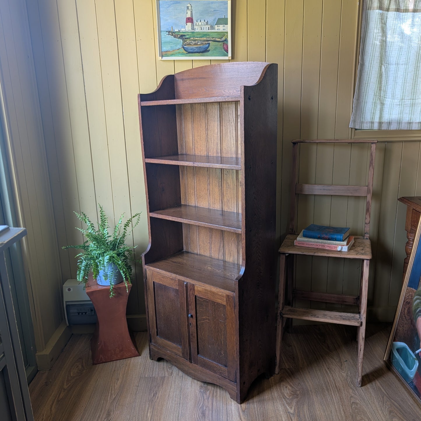 Narrow Antique Oak Bookcase with Bookcase.