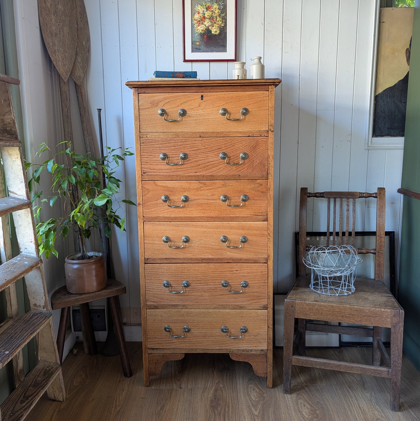 Tall Antique Oak Chest of Drawers