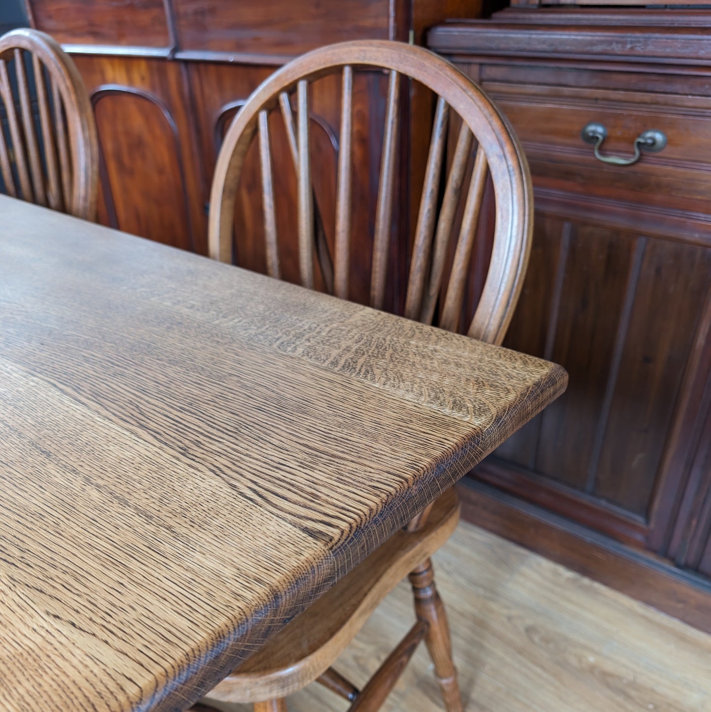 Oak Farmhouse Table, Bench and Two Chairs