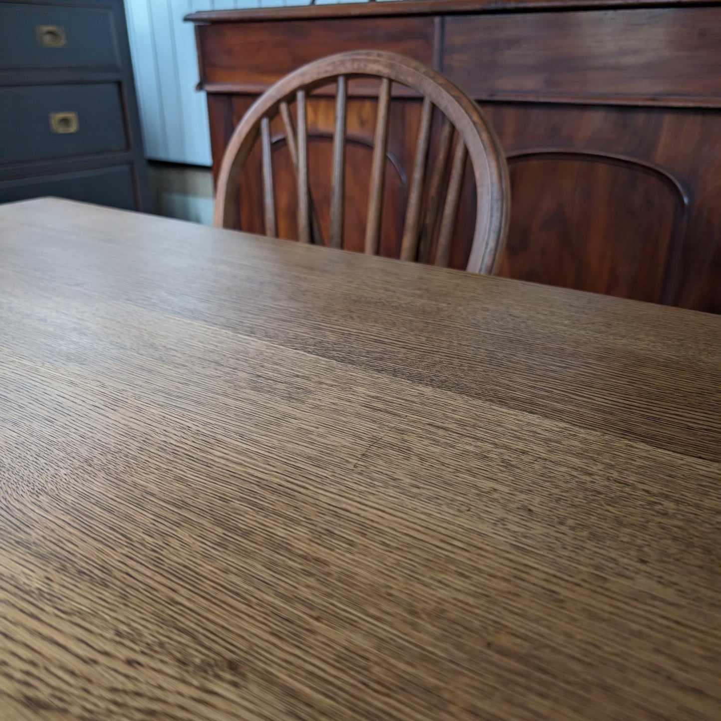 Oak Farmhouse Table, Bench and Two Chairs