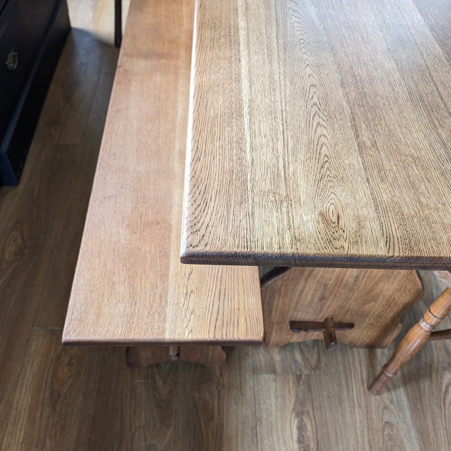 Oak Farmhouse Table, Bench and Two Chairs