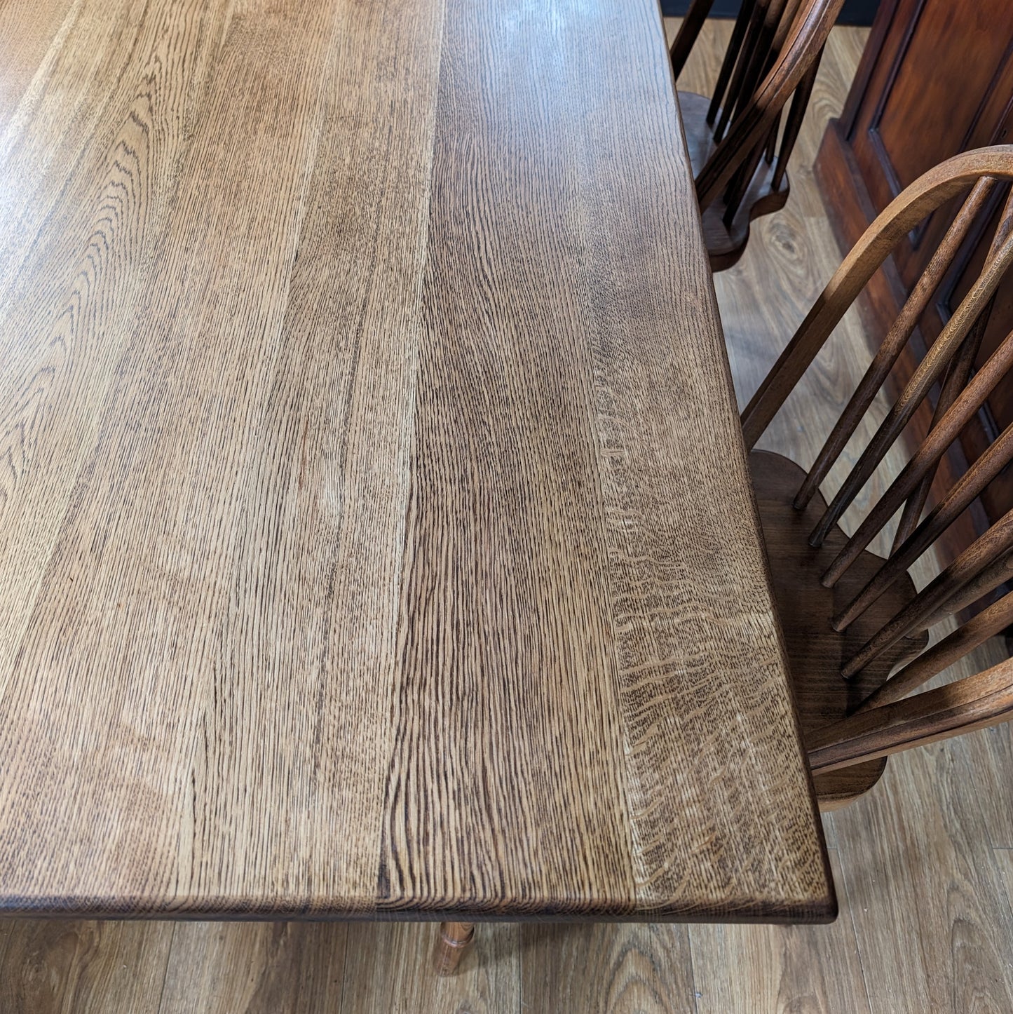 Oak Farmhouse Table, Bench and Two Chairs