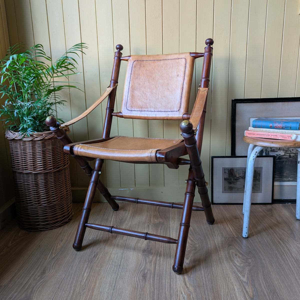 Vintage Faux Bamboo Leather Safari Chair