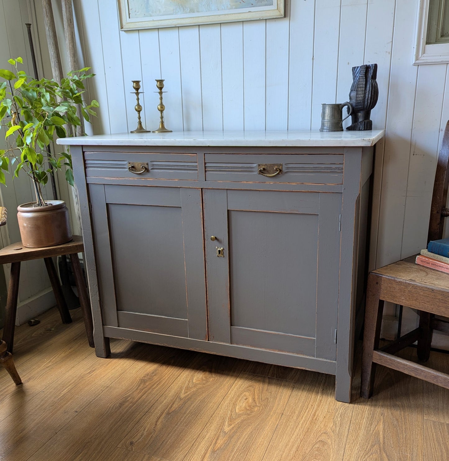 Painted Antique Cupboard with Marble Top