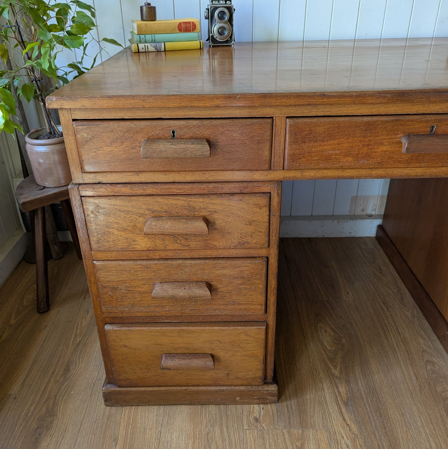 Antique Teak Twin Pedestal Desk