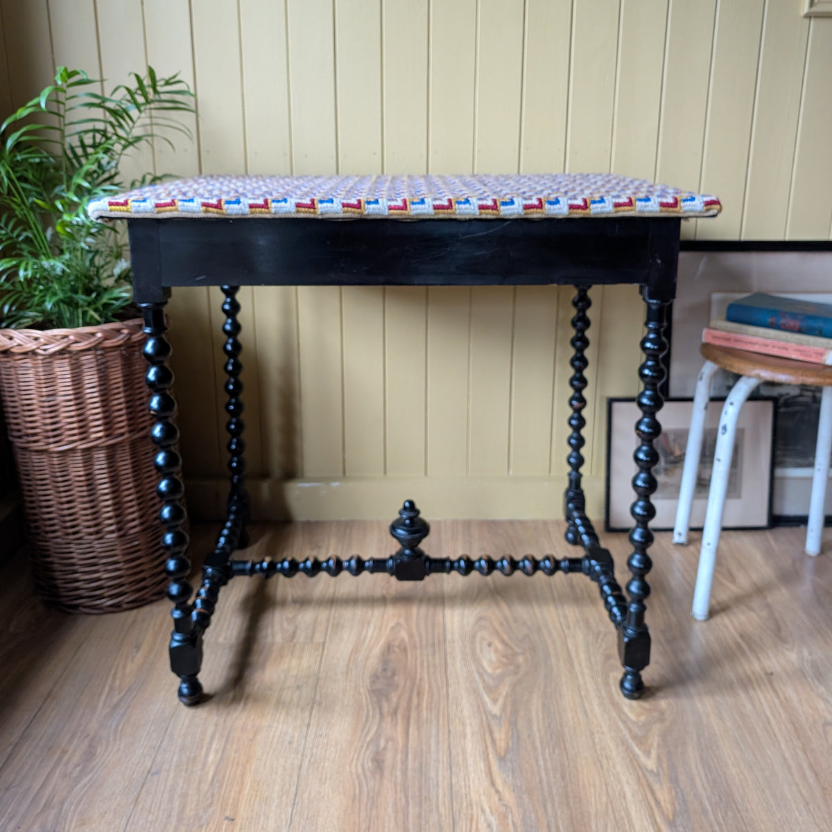 Antique Ebonized Bobbin Leg Table with Tapestry Top