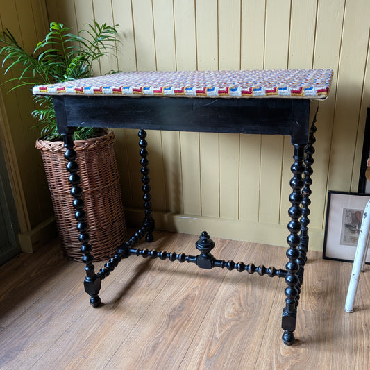 Antique Ebonized Bobbin Leg Table with Tapestry Top