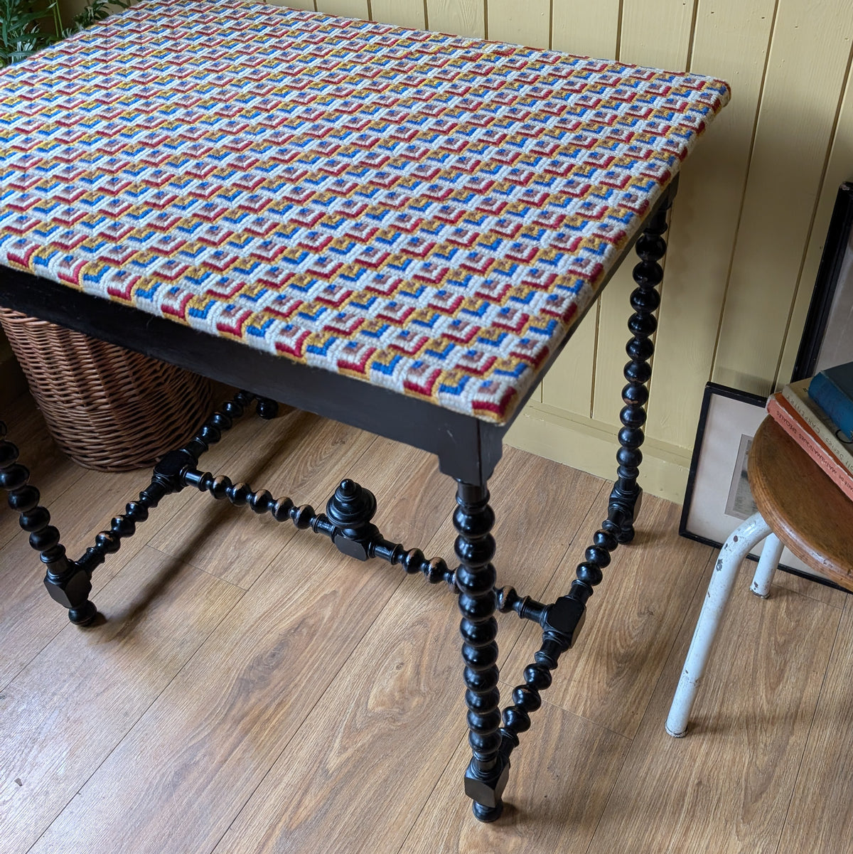 Antique Ebonized Bobbin Leg Table with Tapestry Top