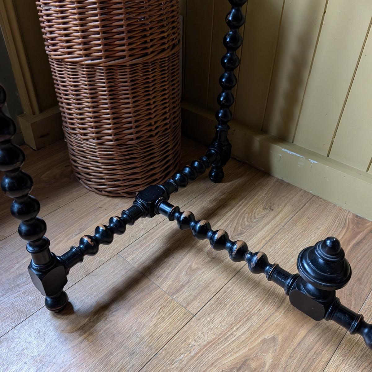 Antique Ebonized Bobbin Leg Table with Tapestry Top