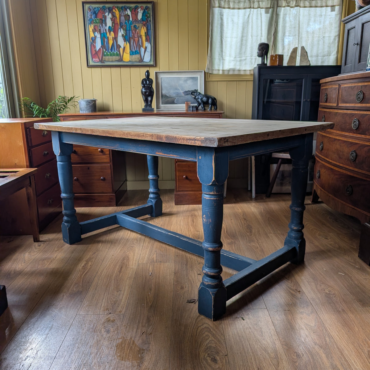 Antique Pine Kitchen Table with Painted Base