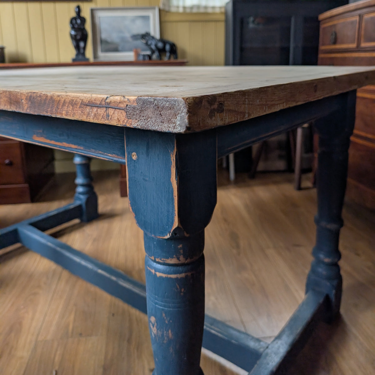 Antique Pine Kitchen Table with Painted Base