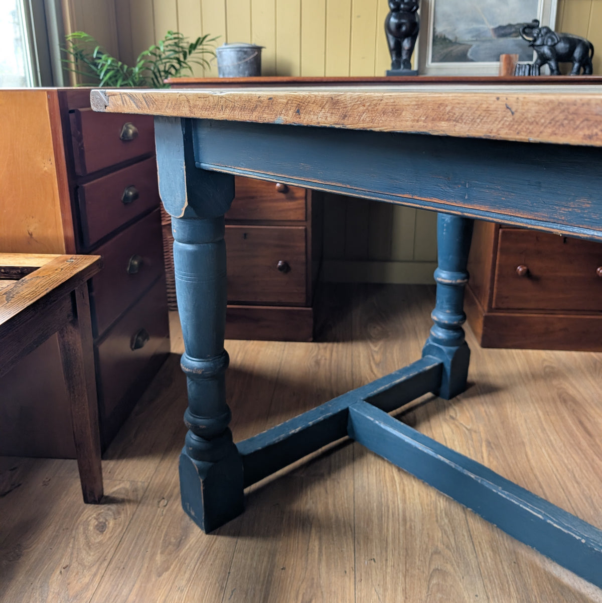 Antique Pine Kitchen Table with Painted Base