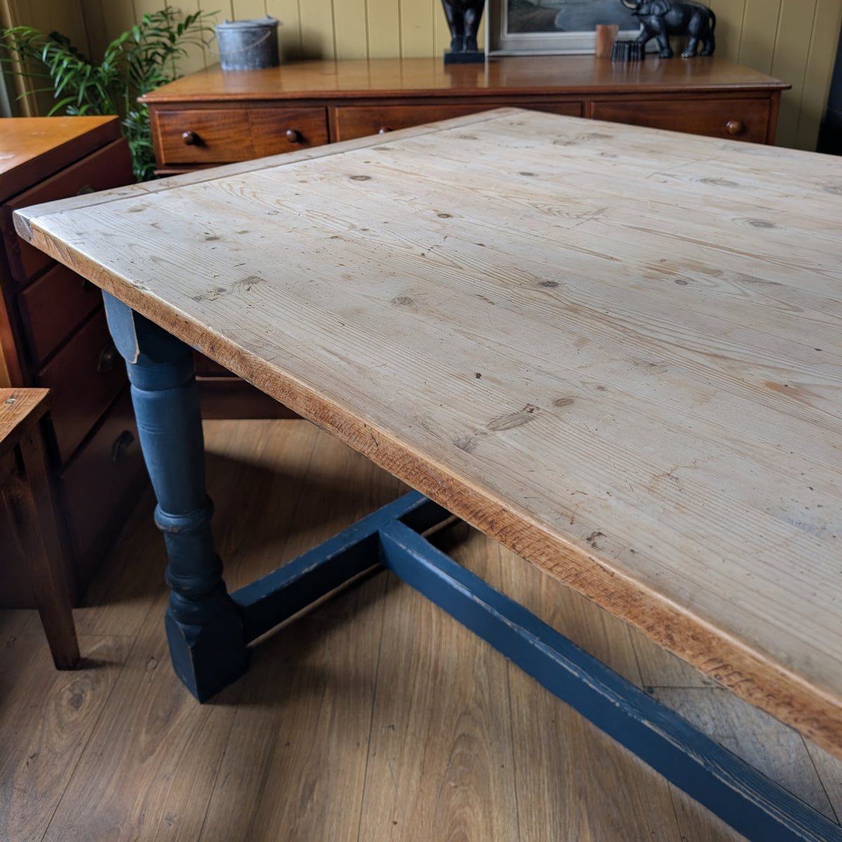 Antique Pine Kitchen Table with Painted Base
