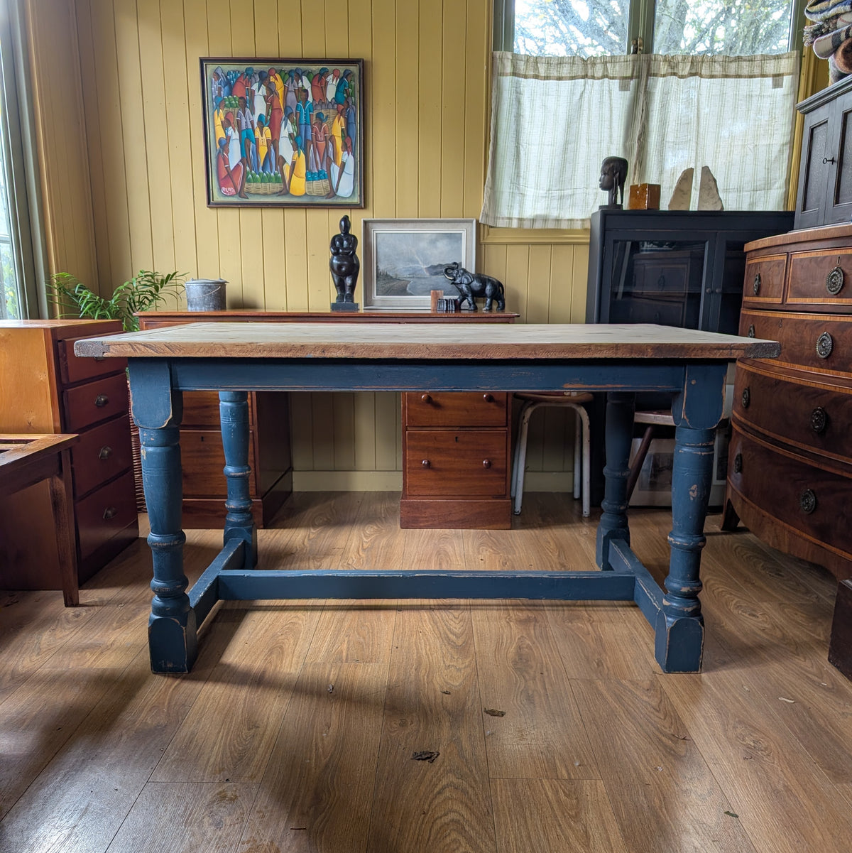 Antique Pine Kitchen Table with Painted Base