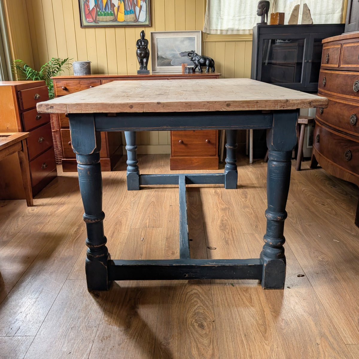Antique Pine Kitchen Table with Painted Base