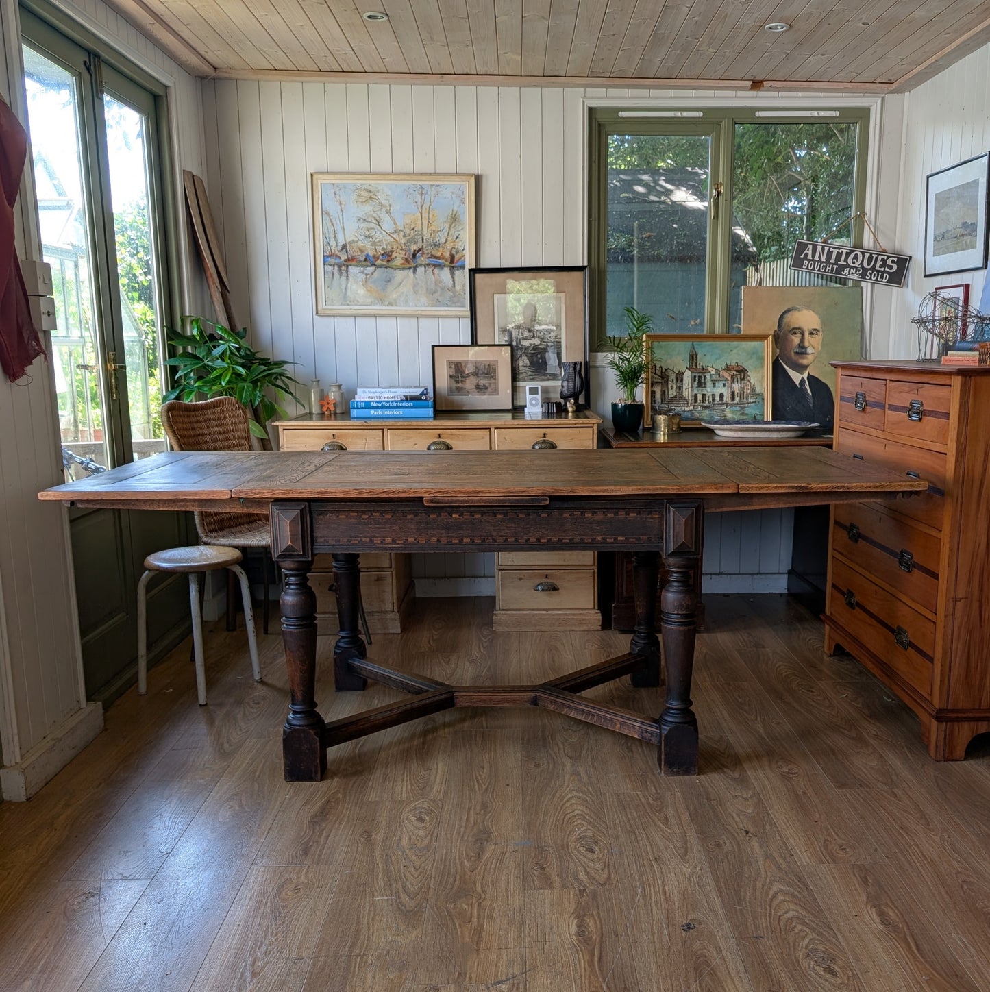 Large Antique Oak Draw Leaf Table