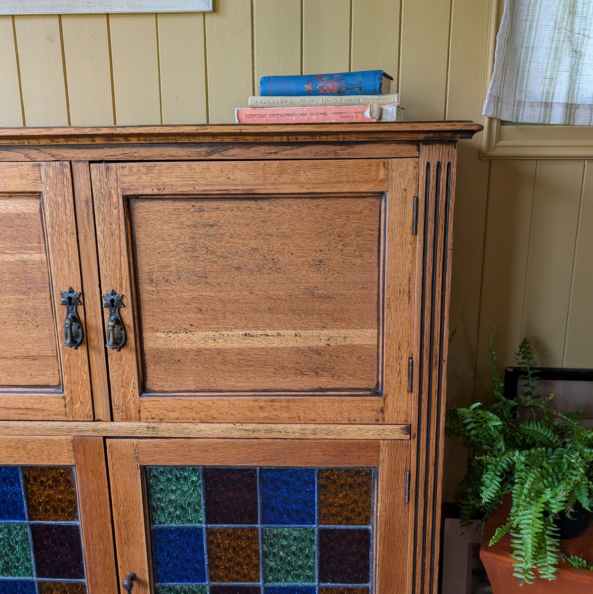 Vintage Oak Cup with Stained Glass Doors