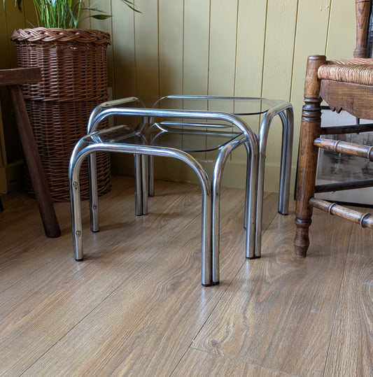 Mid Century Tubular Chrome and Glass Nesting Tables