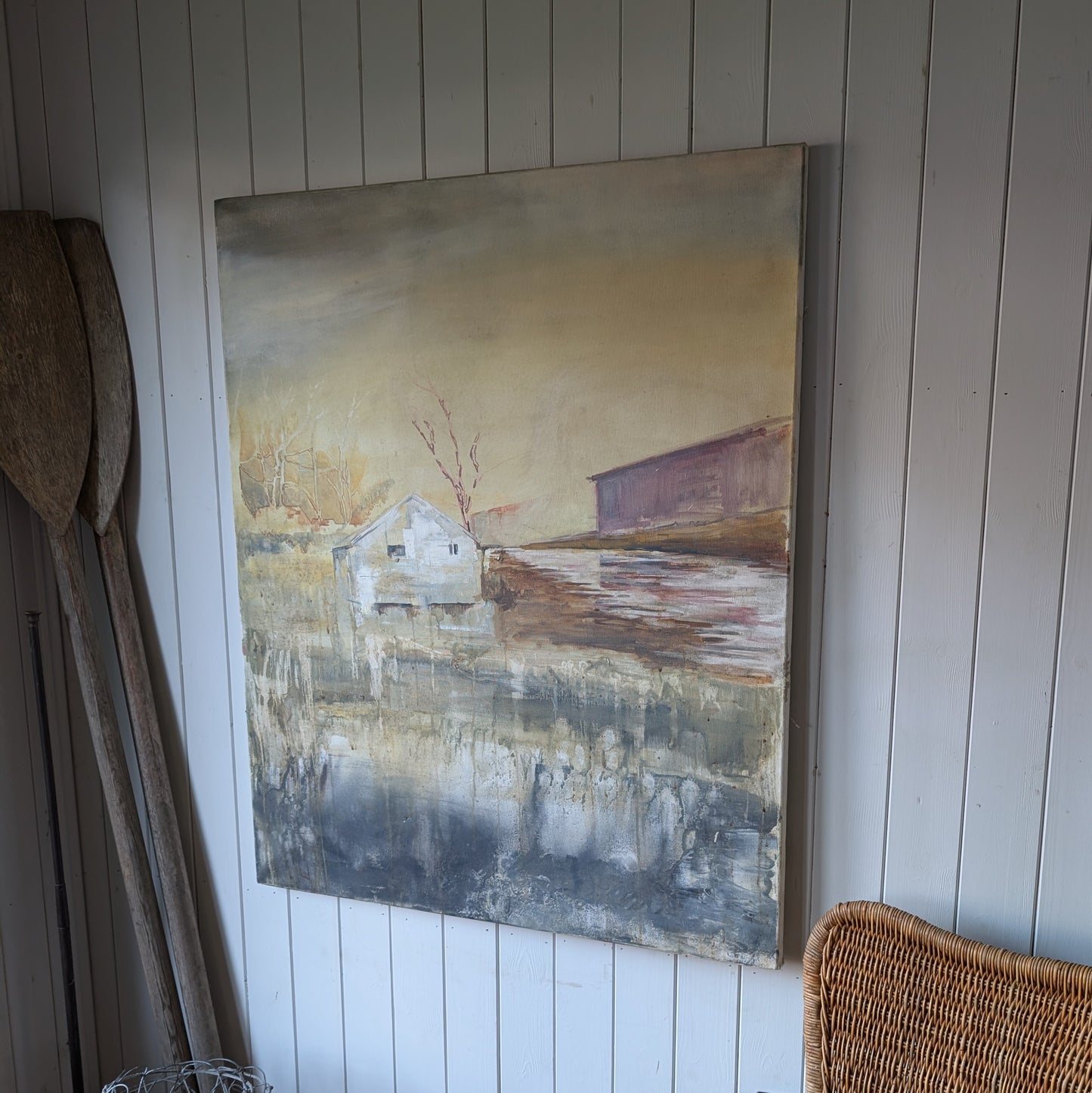 Large Vintage Oil Painting "River Barn"