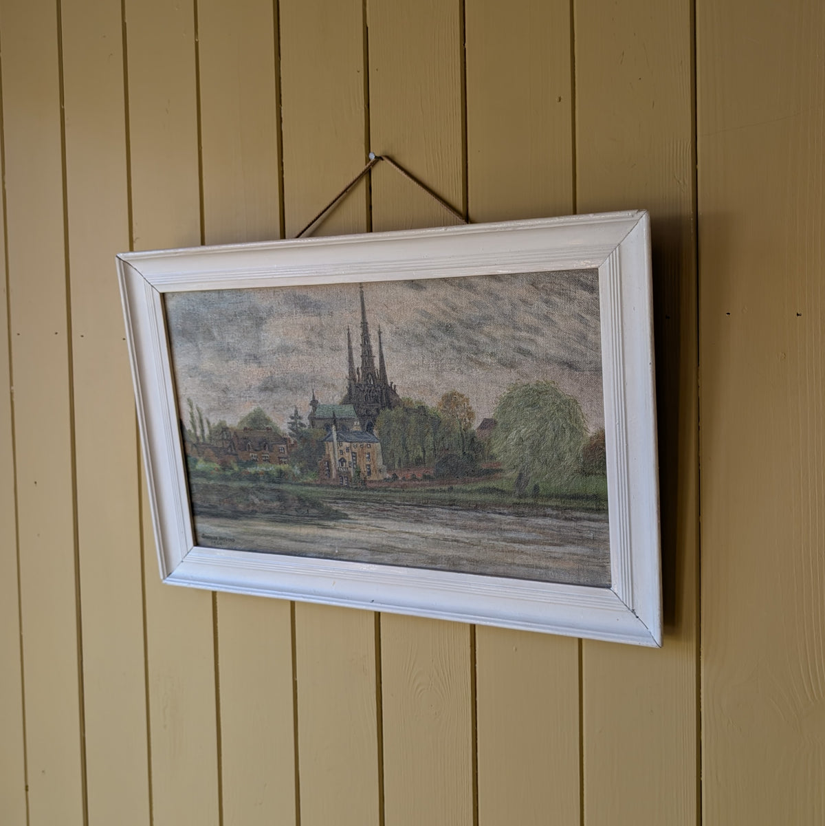 Small Vintage Oil Painting "Lichfield Cathedral Across Minster Pool"
