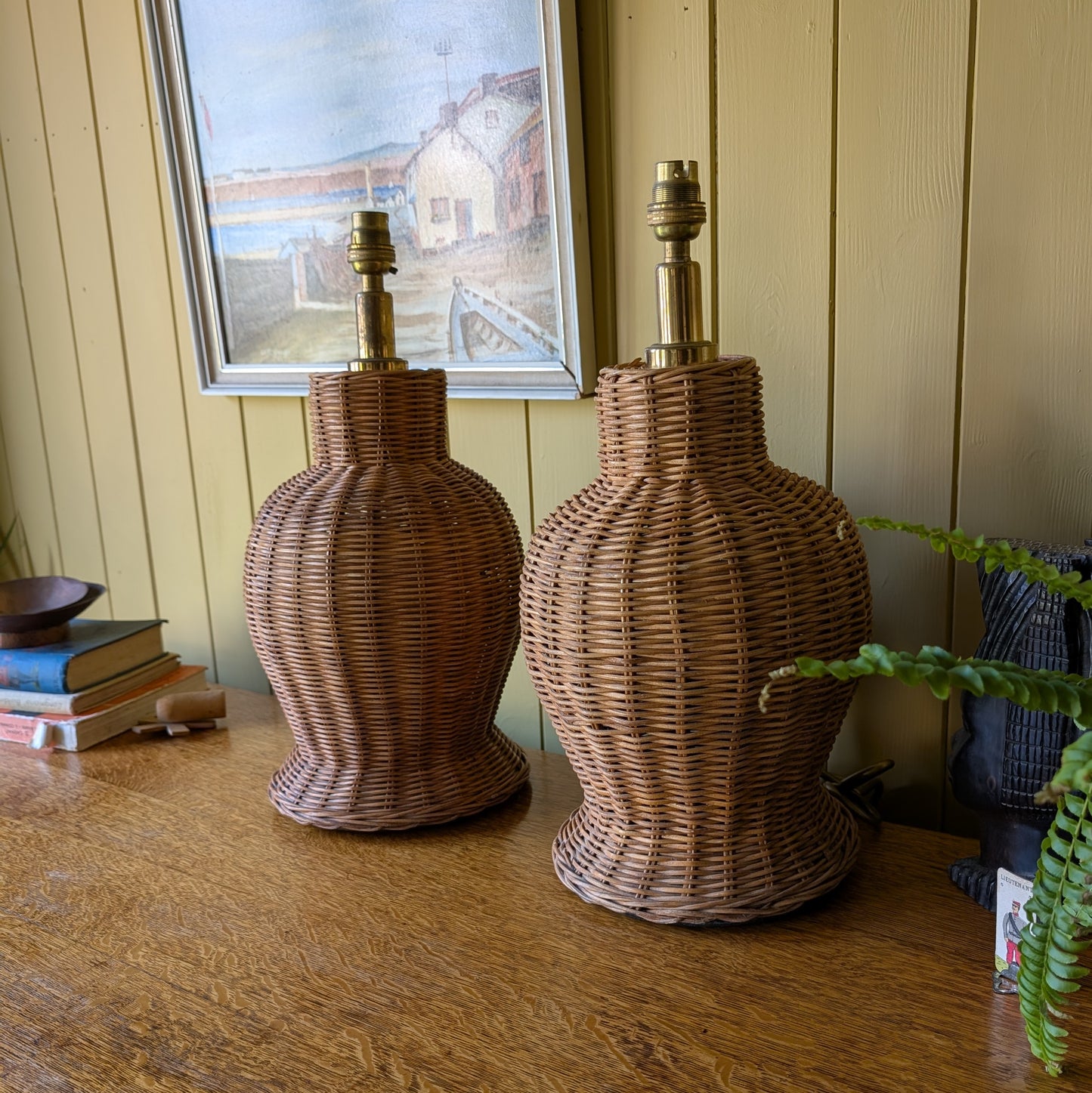 Pair of Large Vintage Woven Wicker Lamps
