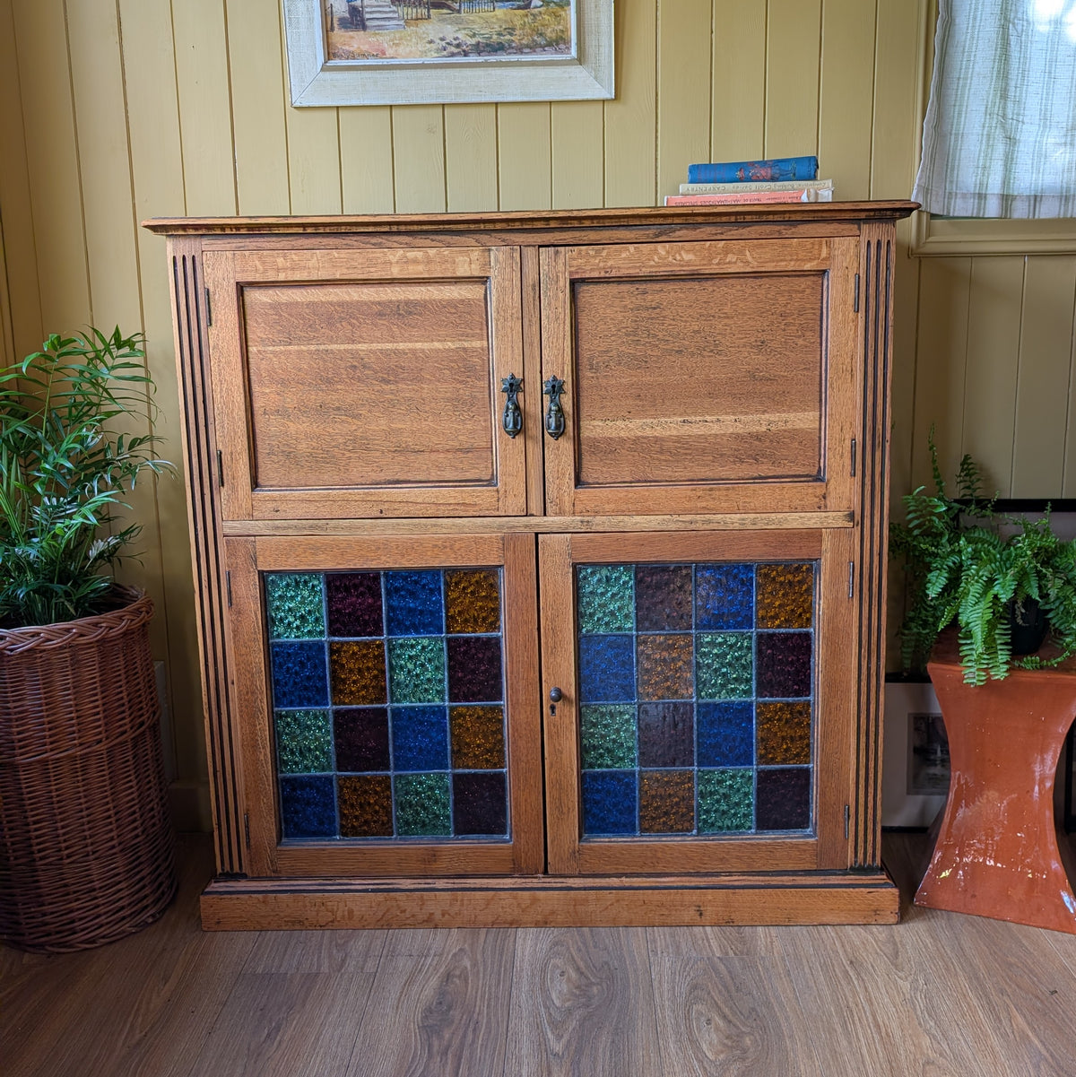 Vintage Oak Cup with Stained Glass Doors