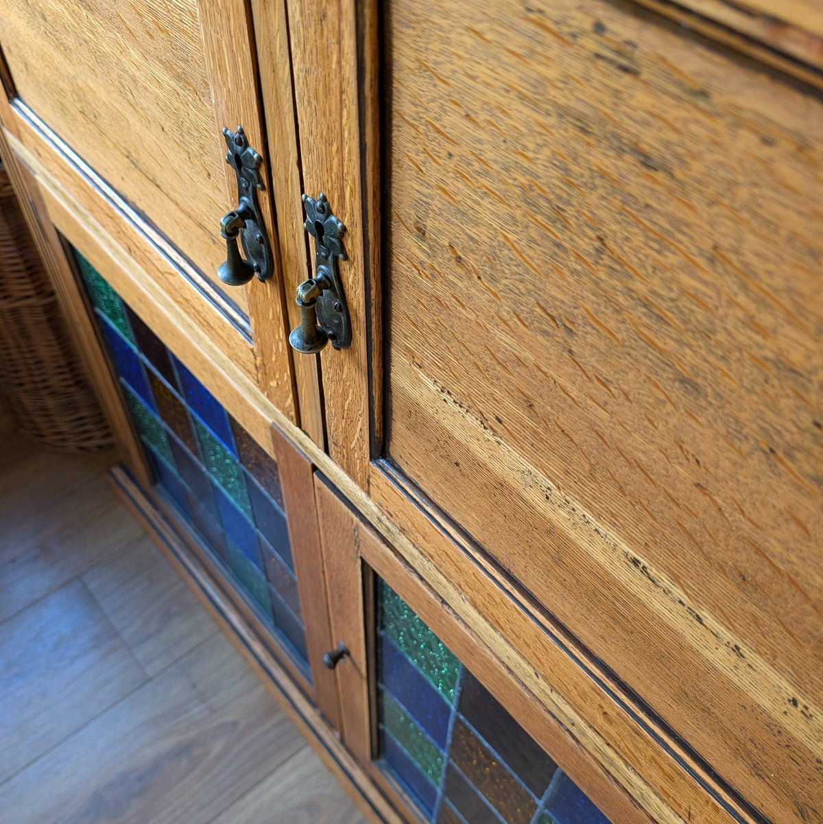 Vintage Oak Cup with Stained Glass Doors