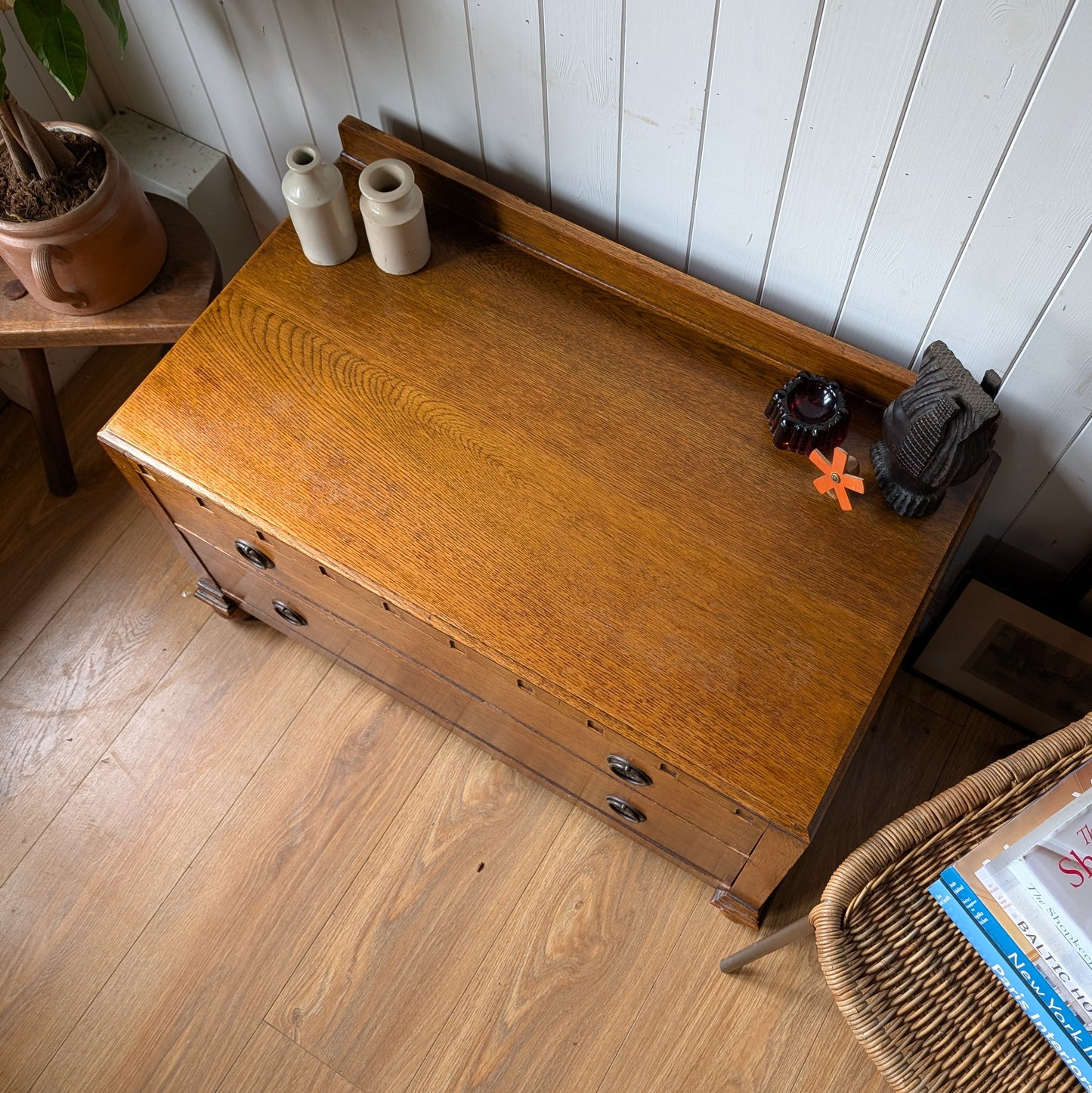 Small Low Antique Oak Chest of Drawers