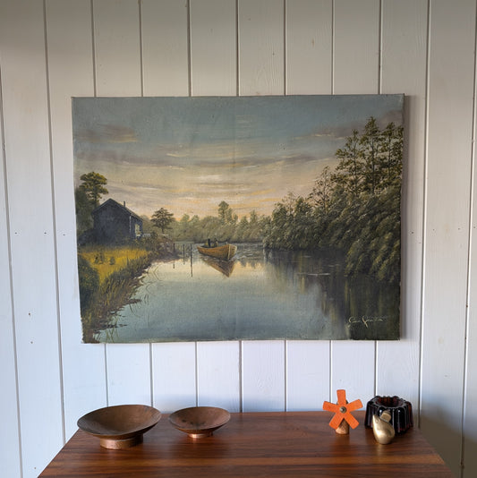 Antique Oil Painting "The Lake House"