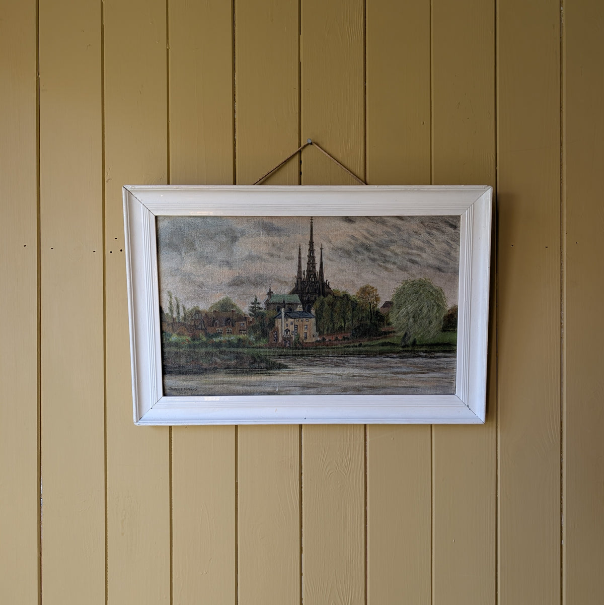 Small Vintage Oil Painting "Lichfield Cathedral Across Minster Pool"