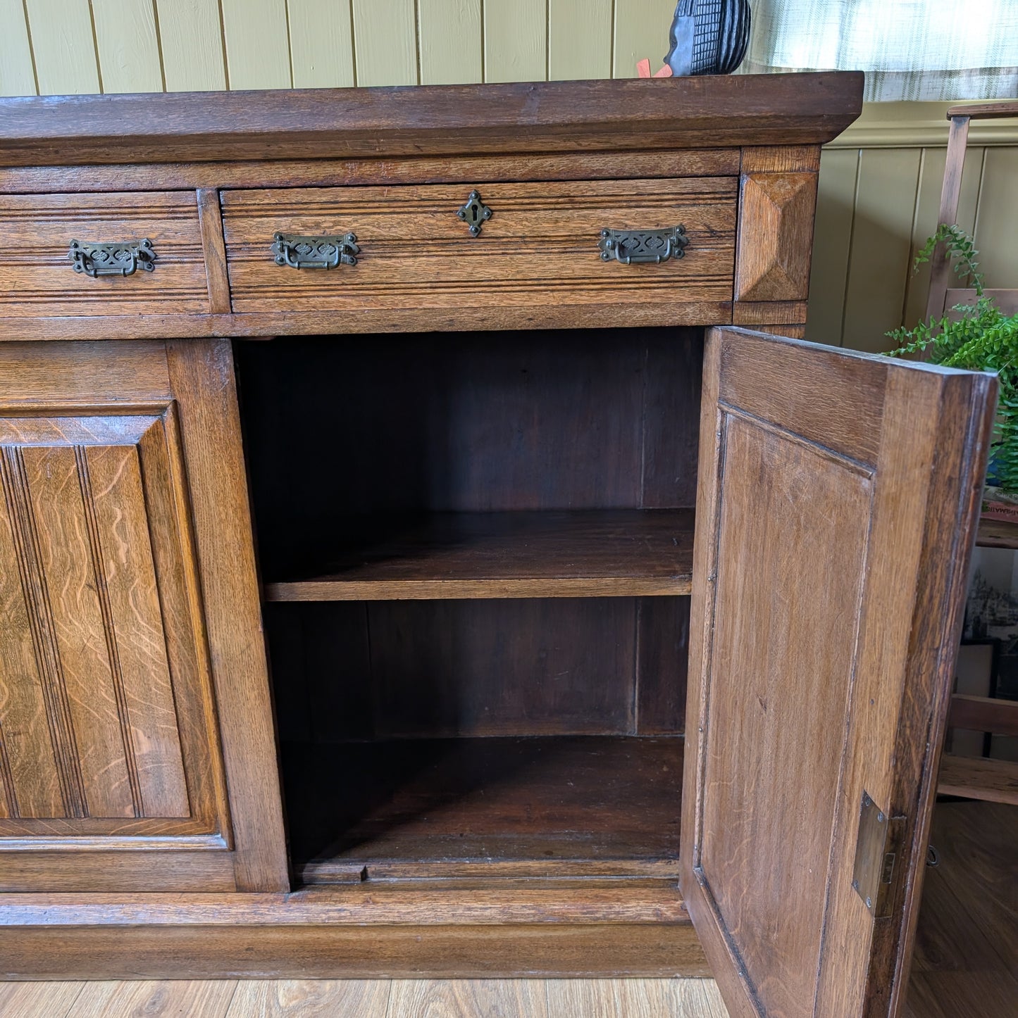 Large Antique Oak Cupboard with Two Drawers.