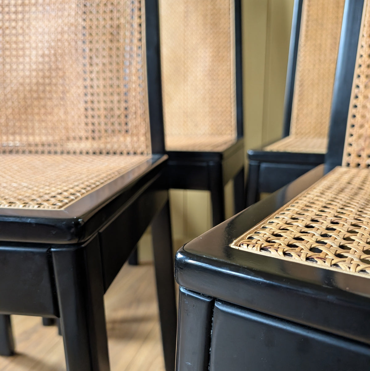 Tito Agnoli Style Vintage Black & Cane Dining Chairs - Set of 6