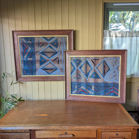 Pair of Vintage Mid-Century Modern Swedish Flatweave Textiles in Oak Frames