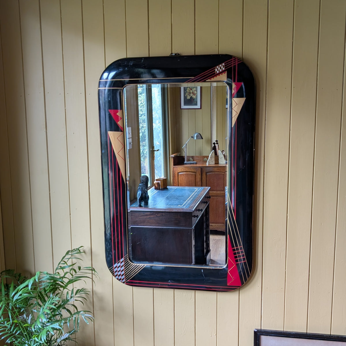 1980s Geometric Black Lacquer Wall Mirror