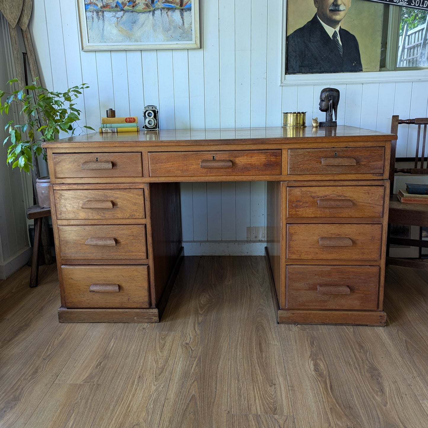 Antique Teak Twin Pedestal Desk