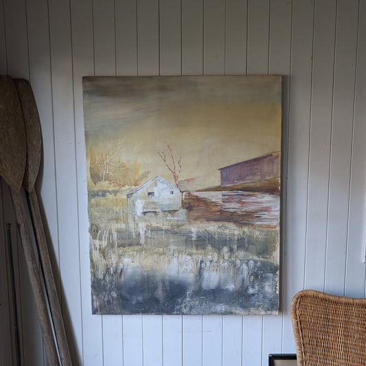 Large Vintage Oil Painting "River Barn"