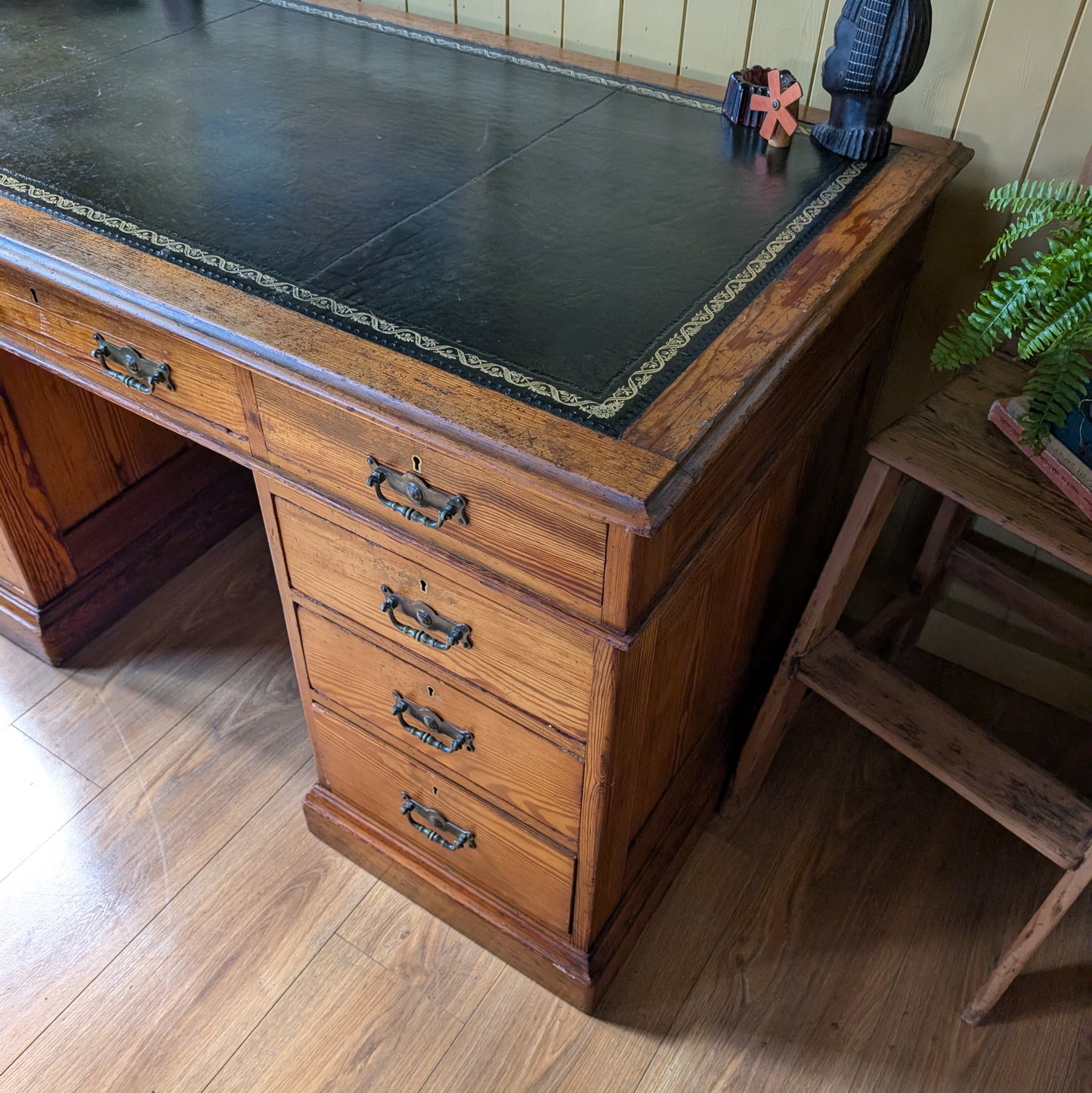 Antique Victorian Pitch Pine Twin Pedestal Desk with Leather Top