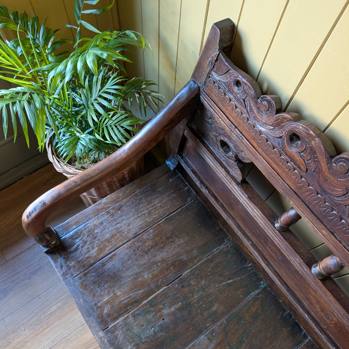 Vintage Carved Architectural Wooden Bench with Plank Seat