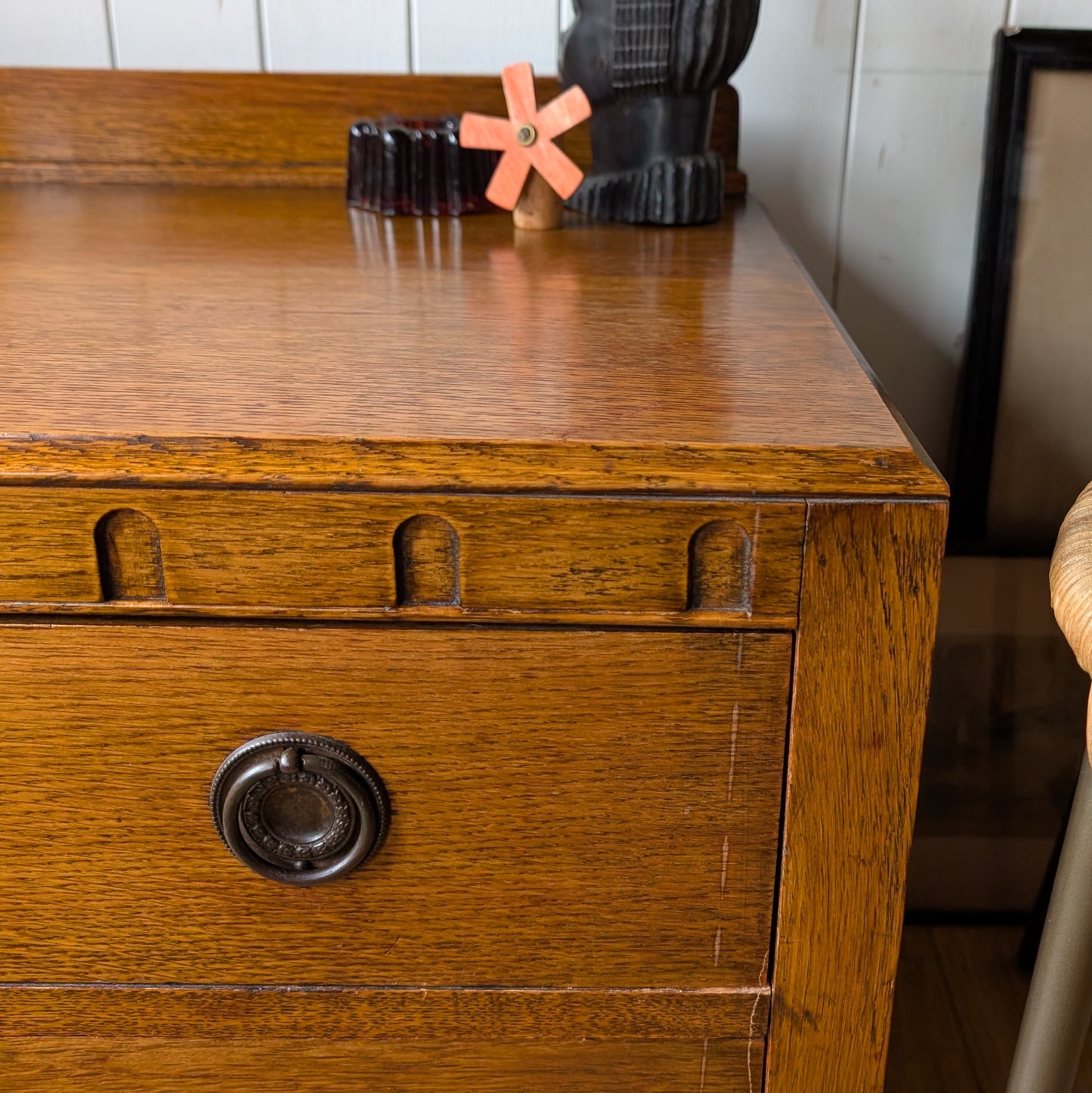 Small Low Antique Oak Chest of Drawers
